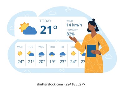 Weather forecast concept. Woman meteorologist, forecasts. Modern technologies and digital world. Poster or banner for website. Application and program, TV show. Cartoon flat vector illustration