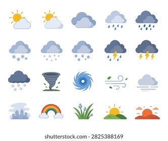 Weather forecast conditions and climate phenomena flat vector illustration set. Modern icons depicting sunny, partly cloudy, overcast cloudy, light rain drops, heavy rain, snowfall, sleet, freezing rain, thunderstorm with lightning, severe thunderstorm, hail, tornado twister, hurricane cyclone, windy leaves, fog, city haze, colorful rainbow, morning dew drops on grass, sunrise over hills, and sunset over mountains isolated on white background.