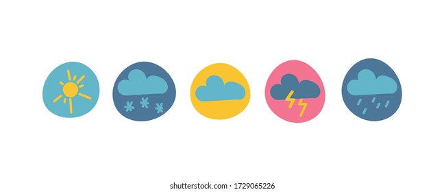 Weather forecast cute icons set. Colorful vector doodle illustration of sun, snow, cloud, thunderstorm and rain isolated on white background. Meteorological elements. 