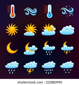 Weather forecast decorative icons set on dark background isolated vector illustration