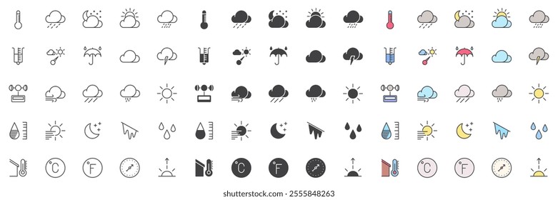 Weather forecast different style icon set. Line, glyph and filled outline colorful version, outline and filled vector sign. Symbol logo illustration. Set include icons as meteorology, sun, cloud, wind