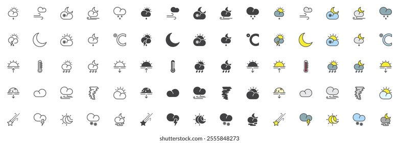 Weather forecast different style icon set. Line, glyph and filled outline colorful version, outline and filled vector sign. Symbol, logo illustration. Set includes icons as rain, snow, cloud, sun, fog