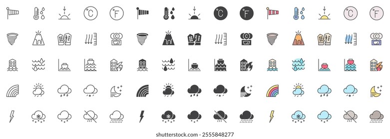 Weather forecast different style icon set. Line, glyph and filled outline colorful version, outline and filled vector sign. Symbol logo illustration. Set include icons as meteorology, sun, cloud, wind