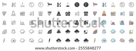 Weather forecast different style icon set. Line, glyph and filled outline colorful version, outline and filled vector sign. Symbol logo illustration. Set include icons as meteorology, sun, cloud, wind