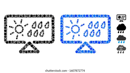 Weather forecast display mosaic of spheric dots in various sizes and color tones, based on weather forecast display icon. Vector dots are composed into blue composition.