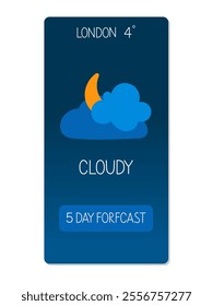 Weather forecast display showing cloudy conditions in London with a temperature of 4 degrees