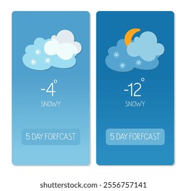 Weather forecast display showing snowy conditions and temperatures below freezing