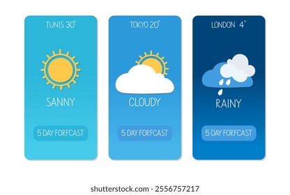 Weather forecast displaying conditions for Tunis, Tokyo, and London with temperatures