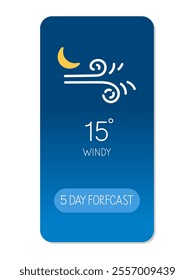 Weather forecast displaying windy conditions with a temperature of 15 degrees Celsius