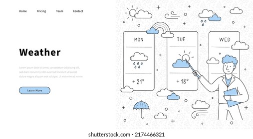 Weather Forecast Doodle Landing Page, Anchorman Doing Meteorological Report. Tv Presenter Character Stand At Screen With Meteorology Map Presenting Monitor With Information Line Art Vector Web Banner