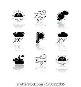 Weather forecast drop shadow black glyph icons set. Sky condition and temperature prediction. Day and night atmospheric precipitation, wind speed. Isolated vector illustrations on white space