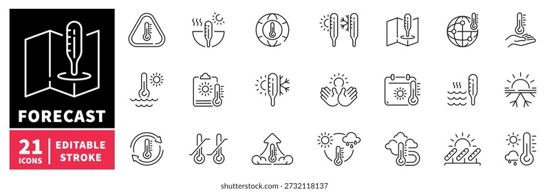 Weather forecast editable line icons set: temperature and climate symbols