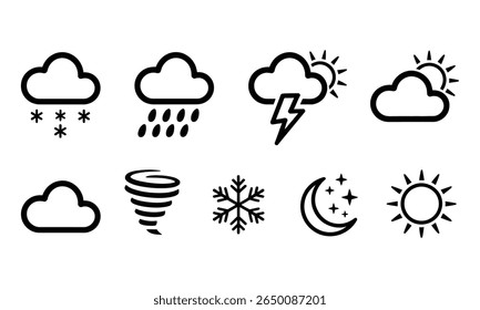Elemento de previsão do tempo com diferentes projetos de clima neve, chuva, tornado, sol, nuvem, relâmpago, floco de neve, lua. Ícone de vetor isolado no plano de fundo transparente.