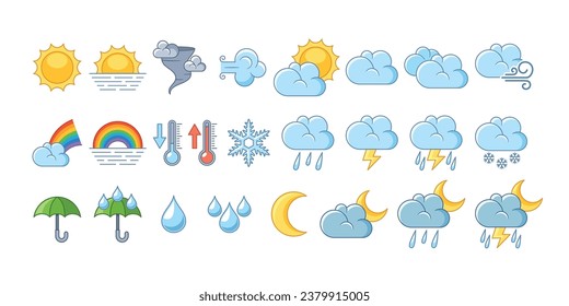 Weather Forecast Elements Set. Temperature, Precipitation, Wind Speed, Humidity, And Atmospheric Pressure Icons