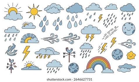 Elementos de Previsão do Tempo Vetor Ilustração Conjunto de Vários Fenômenos Gráficos da Natureza