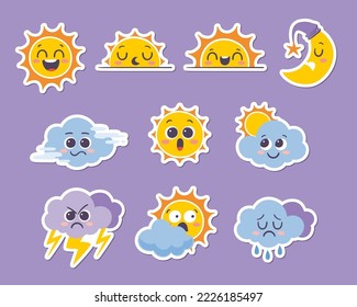 Weather forecast emoji stickers. Funny cartoon stickers of the sun, the moon and clouds with different emotions: funny, sleepy, crying, angry, surprised... Set 2 of 2. Vector illustration.