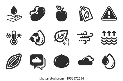 Weather forecast, Evaporation and Beans icons simple set. Cloudy weather, Thermometer and Macadamia nut signs. Organic tested, Water care and Bio tags symbols. Flat icons set. Vector