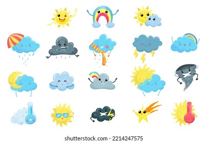 Weather Forecast Events with Bright Shining Sun, Rainy Cloud, Rainbow and Crescent with Face Emotion Big Vector Set