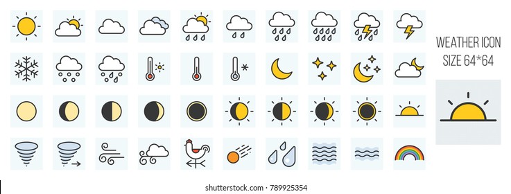 weather forecast filled line icons set in grid system with elements such as rooster weather vane, rainbow, thermometer, wave sign, humidity sign, eclipse lunar and sun, storm, meteor