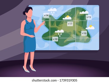 Weather forecast flat color vector illustration. Female weather presenter, professional broadcaster 2D cartoon character with precipitation map on background. Daily meteorological news report