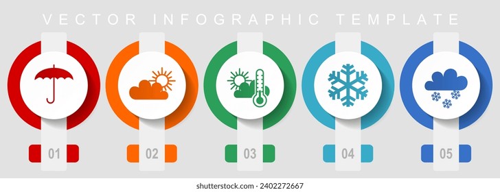 Weather forecast flat design icon set, miscellaneous icons such as umbrella, clouds, sun and snowflake, vector infographic template, web buttons collection