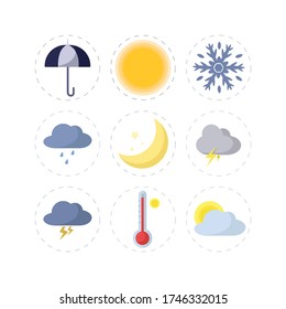 Weather forecast flat icon set with sun, rain, clouds, sun