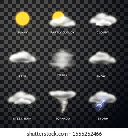 Weather forecast flat vector icons set. Different natural phenomena symbols bundle on transparent background. Sun, fog, rain, tornado, snow, clouds, storm design elements collection
