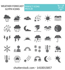 Weather forecast glyph icon set, climate symbols collection, vector sketches, logo illustrations, meteorology signs solid pictograms package isolated on white background, eps 10.