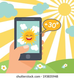 Weather forecast heat smart phone poster with smiling sun vector illustration