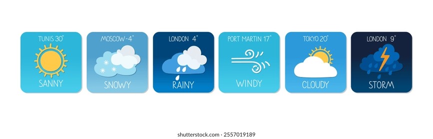 Weather forecast highlights for multiple cities including sunny Tunisia and stormy London