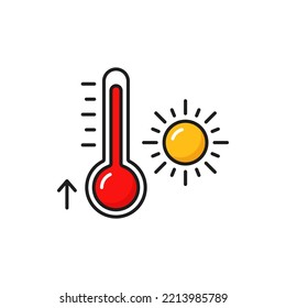 Weather forecast hot temperature thermometer color outline icon, vector pictogram. Weather forecast summer temperature and sun icon for app and web widget