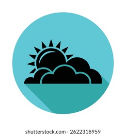 Weather forecast icon with black cloud and sun with rays in a turquoise blue circle with a long shadow over white background.