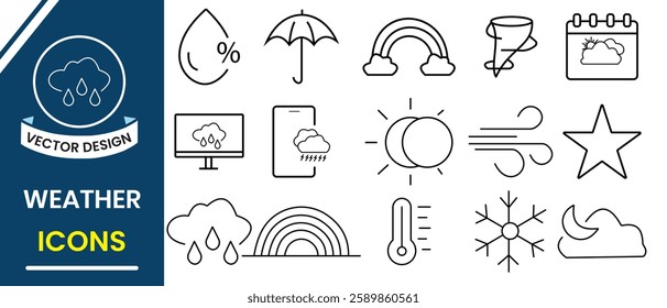 Weather forecast icon, climate, clouds, temperature, sunny day,  moon, snowflakes, wind, rain, wind and more. Weather icons, vector set. Vector illustration.
