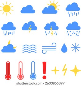 Weather and Forecast Icon Collection. Bright Colorful Set with Sun, Clouds, Rain, Wind, Thermometers, Storm Alert Symbols for Mobile App UI, Forecast Screens, Seasonal Reports and Weather News Design