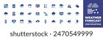 Weather forecast icon collection. Duotone color. Vector illustration. Containing cloudy, weatherforecast, rainy, smog, wind, laptop, thunderbolt, thunderstorm, thermometer, rain, rainbow, thunder.
