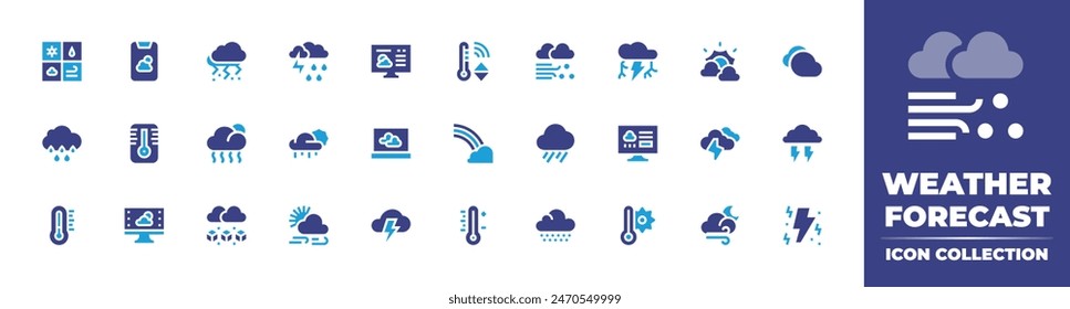 Weather forecast icon collection. Duotone color. Vector illustration. Containing cloudy, weatherforecast, rainy, smog, wind, laptop, thunderbolt, thunderstorm, thermometer, rain, rainbow, thunder.