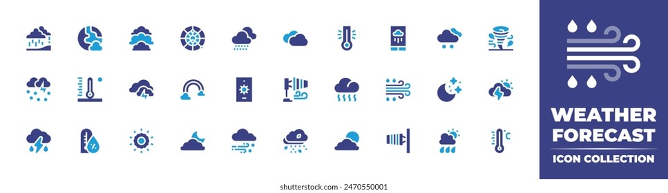 Weather forecast icon collection. Duotone color. Vector illustration. Containing weather, blizzard, weatherforecast, smog, hightemperature, humidity, storm, sun, cloud, cloudyday, icestorm, wind.