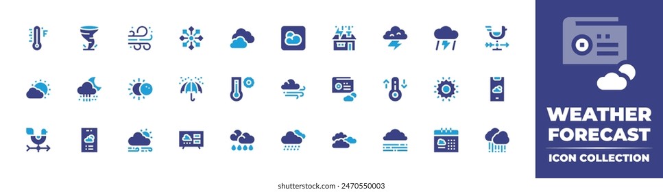 colección de icono de previsión de Clima. Color duotono. Ilustración vectorial. Contiene velero, pronóstico del tiempo, eclipse, weatherapy, viento, nevado, día, niebla, lluvia, calendario, radio, paraguas, sol.