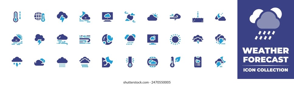 Weather forecast icon collection. Duotone color. Vector illustration. Containing raining, storm, weatherforecast, weatherapp, thunder, haze, thunderstorm, rain, autumn, sun, wind, moon, cloud, cloudy.