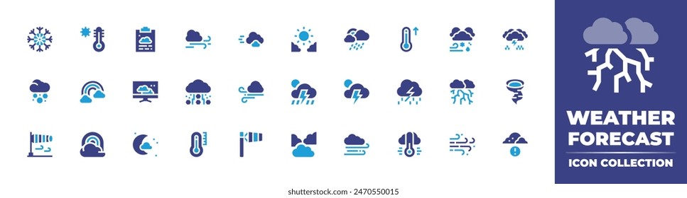 colección de icono de previsión de Clima. Color duotono. Ilustración vectorial. Contiene Clima, mal tiempo, tormenta, viento, termómetro, manga de viento, noche, nevada, viento, temperatura, arco iris.