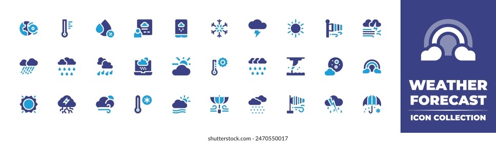 Weather forecast icon collection. Duotone color. Vector illustration. Containing fog, weatherforecast, wind, rain, sun, hailstorm, storm, windy, heavyrain, waterspout, snow, rainbow, windsock.