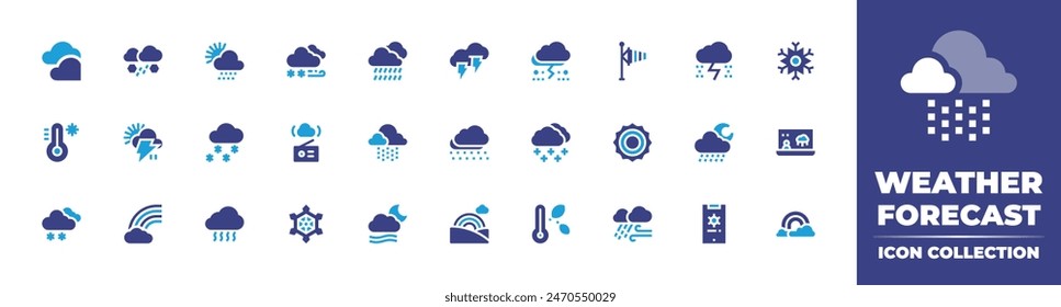 Weather forecast icon collection. Duotone color. Vector illustration. Containing fog, weatherforecast, forecaster, monsoon, smog, storm, thermometer, snowfall, snow, sun, rainynight, rainbow, drizzle.