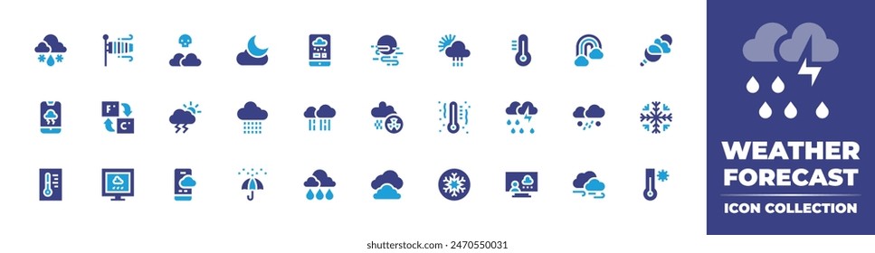Weather forecast icon collection. Duotone color. Vector illustration. Containing rain, weatherforecast, weatherapp, weather, storm, clouds, fahrenheit, hottemperature, snowflake, thermometer.