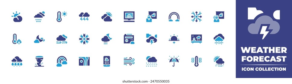 Weather forecast icon collection. Duotone color. Vector illustration. Containing weatherforecast, tornado, forecast, sunrise, rain, rainynight, snowy, wind, snowflake, thermometer, drizzle, windy.