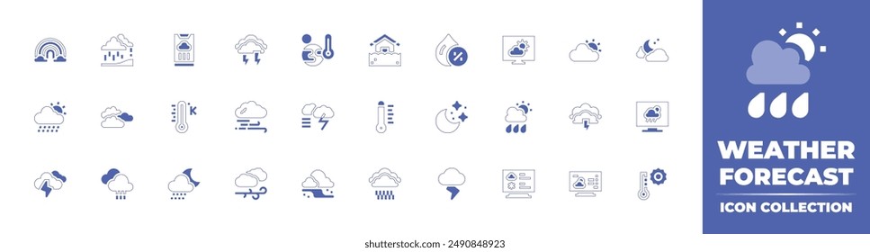 Weather forecast icon collection. Duotone style line stroke and bold. Vector illustration. Containing weatherforecast, forecast, thunder, rainyday, hot, kelvin, rainbow, clouds, wind, monsoon.