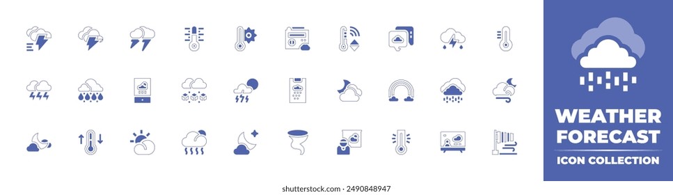 Weather forecast icon collection. Duotone style line stroke and bold. Vector illustration. Containing thunderstorm, weatherforecast, forecast, thermometer, lightning, storm, hail, cloud, rain.