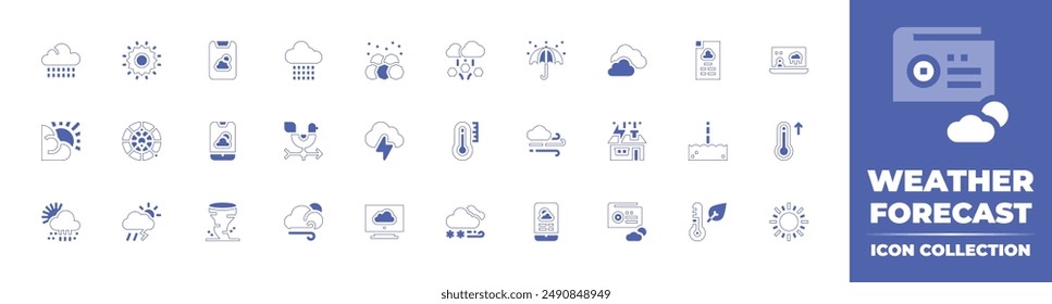 Weather forecast icon collection. Duotone style line stroke and bold. Vector illustration. Containing weathercock, rain, weatherforecast, sun, tornado, wind, cloudy, snowy, rainy, climatology.