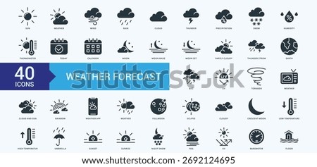 Weather forecast icon collection set with sun, weather, wind, rain, cloud, thunder, precipitation, snow