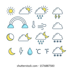Weather forecast icon collection. Sun, crescent moon, cloud, rain and rainbow.