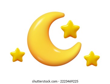 Weather forecast icon, isolated crescent moon and stars glowing and shining. Clear night, meteorology. Vector meteorological 3d, realistic style icon